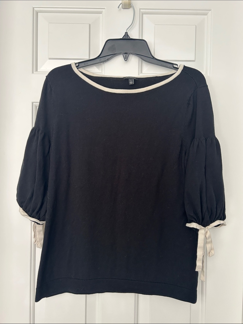 Talbots Black Crewneck Top with Cream Trim and Puff Sleeves